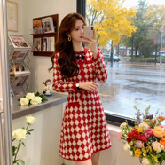 彈簧人（TANHUANGREN）韓國小香風(fēng)感洋氣輕奢圣誕紅色菱形格子毛衣針織連衣裙打底裙 紅色 S