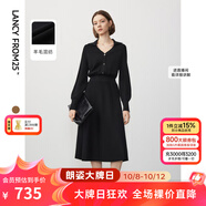 朗姿羊毛冬季新款法式氣質(zhì)曠野美拉德顯瘦長(zhǎng)袖polo領(lǐng)連衣裙長(zhǎng)裙 黑色 XL