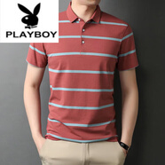 花花公子（PLAYBOY）夏季新款短袖t恤男純棉polo領(lǐng)衫翻領(lǐng)條紋體恤中年爸爸上衣T 88100紅色 M 165建議100-120斤