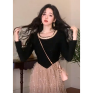QCKZ法式長(cháng)袖圓領(lǐng)修身拼接亮片連衣裙冬女新款修身顯瘦內搭打底毛衣 連衣裙 S
