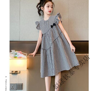 姒漾女童連衣裙2025女孩格子裙子兒童薄款公主裙大童飛袖裙子 黑白-拼色格子裙 160