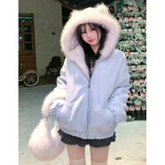 小紅書(shū)韓系甜美連帽保暖兩穿毛毛短外套女秋冬新款寬松加厚毛 藍色毛毛外套 S