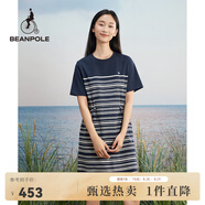 beanpole【度假連衣裙】濱波  春夏女士入門價(jià)腰部抽繩條紋T恤連衣裙 藏青色 M 165/88A