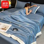 浪莎（langsha）冰絲床上四件套夏季夏涼被可水洗夏被空調(diào)被夏季床單夏天雙人被子 字母-賓利藍【絲滑裸睡】 2.0m 床單款 四件套-夏被+床單+枕套2