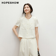 紅袖（hopeshow）輕熟甜美短外套2025夏季新款女裝拼貼花邊泡泡袖直身圓領(lǐng)上衣 米白004(預(yù)售10天內(nèi)發(fā)) S