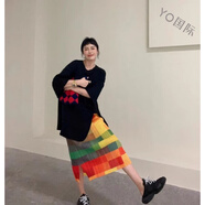 三宅一生（ISSEY MIYAKE）/Issey Miyake褶皺高腰半身裙復(fù)古印花顯瘦包臀開叉裙子 彩虹格子 半裙 均碼 1碼