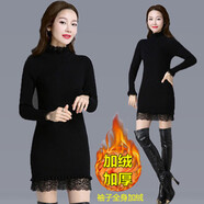 索宛亦（SUOWANYI）秋冬款2025新款修身中長款毛衣蕾絲下擺女韓版加厚百搭針織連衣裙 8844#【加絨】黑色 加厚 S 建議75-90斤穿