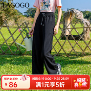 lagogo燈芯絨黑色百搭松緊休閑褲女拉谷谷春季新款高腰寬松褲子 黑色(W1) S