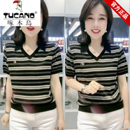 啄木鳥(niǎo)品牌女裝冰絲針織衫短袖t恤2025夏季新款polo衫寬松百搭條紋上衣 黑色 XL (建議115斤-130斤)