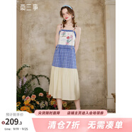 兩三事星河垂露 2025夏季新款格子拼接印花刺繡串珠連衣裙 藍(lán)黃色 S