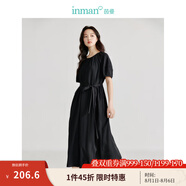 茵曼（INMAN）法式圓弧領(lǐng)萊賽爾醋酸醋纖女裝連衣裙2025夏季新品燈籠袖A字裙子 黑色 M