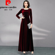 皮爾卡丹（pierre cardin）女裝大碼純色2025春秋金絲絨長袖連衣裙收腰顯瘦氣質(zhì)大擺裙長裙女 酒紅色 L 90-105斤