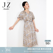 玖姿·安娜蔻花卉印花連衣裙女夏燈籠袖收腰法式風(fēng)情連衣裙 花咖啡 3XL
