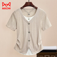 貓人（MiiOW）假兩件圓領(lǐng)短袖T恤女不規則設計感25夏新款顯瘦彈力打褶上衣 燕麥色 M