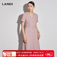 LANDI新款V領(lǐng)系帶連衣裙女高端大氣高級(jí)感a字中長(zhǎng)款裙子春夏 粉紅色 M