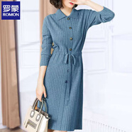羅蒙針織連衣裙女2025秋裝新款中長(cháng)款長(cháng)袖韓版收腰系帶顯瘦紐扣長(cháng)裙子 藍灰色 S