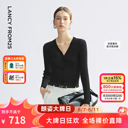 朗姿V領開襟百搭針織開衫肌理亞麻針織衫外搭薄款2025年夏季新款 夜幕黑色 M