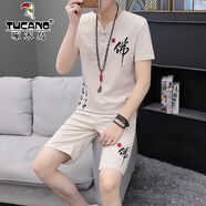 啄木鳥棉麻套裝男夏季漢服古裝衣服刺繡亞麻一身短袖T恤佛系唐裝中國(guó)風(fēng) 920佛 杏色(上衣 ＋短褲) 4XL 157-170斤