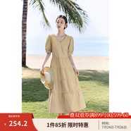 茵曼（INMAN）純棉法式氣質(zhì)連衣裙女裝2025夏季新品顯瘦V領(lǐng)泡泡袖A字長(zhǎng)裙子 卡其色 S