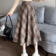 BMOI復(fù)古毛呢秋冬季新款格子高腰a字半身裙女中長款顯瘦小個子傘裙子 咖色*側(cè)拉鏈*后松緊*半身裙 顏色 M
