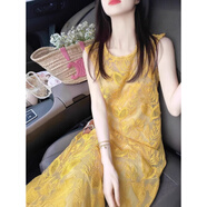 GABALMANIA法式黃色蕾絲吊帶連衣裙女2025夏季感海邊度假無(wú)袖裙子 黃色 S