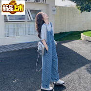 初徑2025新款港風(fēng)工裝印花薄牛仔背帶褲女夏春秋韓版寬松連體 淺藍色 S