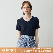 顏域簡約純色短袖T恤女夏裝新款時(shí)尚氣質(zhì)ol通勤直筒顯瘦上衣 深藍(lán) S