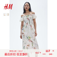 H&M女裝花卉連衣裙夏季花朵泡泡一字肩短袖植物印花長裙1230970 白色/花卉 XS 155/80