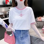 皮爾卡丹（pierre cardin）撞色圓領(lǐng)短袖T恤女2025夏季新款韓版寬松蕾絲鏤空白色t恤上衣 8550#粉紅色 S 建議80-99斤