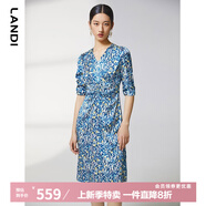 藍地（LANDI）商場同款夏季新款腰部抽褶碎花印花短袖連衣裙女 淺藍色 S