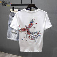 星空萌音鯉魚刺繡T恤 男士潮牌中國風時尚個性青年短袖微寬松上衣國 鳳凰 白色花鳳凰刺繡 2XL