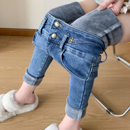 PHIMART小紅書爆款加絨牛仔褲女秋冬季2025新款超高腰顯瘦鉛筆修身九分小 7123覆古藍九分褲加絨 29 均碼