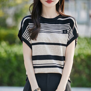 黎依奴安迪絨撞色短袖t恤女2025夏季新款條紋上衣圓領(lǐng)薄款打底針織短袖 圖片色 2XL