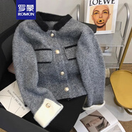 羅蒙（ROMON）仿水貂絨高級感小香風(fēng)開衫女秋冬短款加厚毛衣外套氣質(zhì)針織上衣 黑色 均碼 -85-120斤
