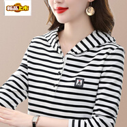 初徑2025新款長(cháng)袖t恤女洋氣橫條紋春秋裝中年媽媽打底衫上衣連帽 黑白條紋長(cháng)袖W22Q47 XL