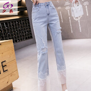 夕系牛仔褲女2024夏季新款韓版破洞直筒七分褲薄款蕾絲拼接柔軟煙管褲 淺藍 S