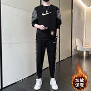 休閑運動(dòng)套裝男士春秋季新款時(shí)尚潮牌高端衛衣衛褲兩件套男裝秋裝 黑色加絨套裝 3XL 建議160-180斤