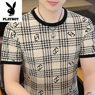 花花公子（PLAYBOY）短袖T恤男士夏季新款圓領(lǐng)網(wǎng)眼高彈力鏤空冰絲半袖體恤上衣服男裝 米色 M
