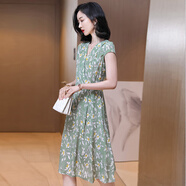 i-O-J桑蠶絲重磅真絲連衣裙夏中長款2025高端氣質(zhì)印花V領(lǐng)修身裙子 2329（綠色） L