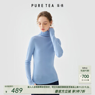 茶·愫【明星同款】puretea茶愫高領(lǐng)針織衫女堆堆袖打底毛衣秋季新款 灰藍(lán)（高領(lǐng)） L