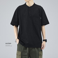 森馬男士亨利領(lǐng)寬松短袖T恤夏季百搭黑色半袖打底tee  BN319#黑色   M