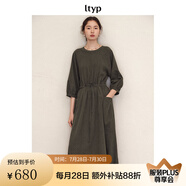 旅途原品ltyp 苧麻天絲抽繩連衣裙 時(shí)尚文藝寬松垂感連身裙女夏季 深咖綠（預(yù)計(jì)10-12天發(fā)貨） L