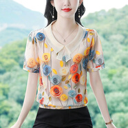 宜惜綺 雪紡衫女短袖2025夏季新款時(shí)尚寬松上衣女士遮肚碎花洋氣小衫 七彩花 1391 L 【105-115斤】