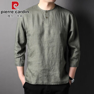 皮爾卡丹（pierre cardin）夏季100純亞麻短袖T恤男七分袖薄款圓領(lǐng)半袖中國風(fēng)休閑寬松體恤潮 軍綠色 S 165