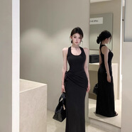 微光里黑色u領(lǐng)無袖工字背心連衣裙女夏辣妹收腰修身裙子氣質(zhì)包臀長裙夏 收腰修身裙子【黑色+披肩 S】