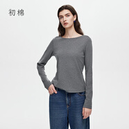 初棉慕斯柔感一字領(lǐng)長(cháng)袖T恤女25秋新品正肩顯瘦微寬松彈力打底衫 花灰色 M