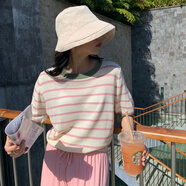 KAHTOP2025夏新款韓版短袖針織衫夏季女修身短款條紋上衣女裝打底衫BLL 法式復古撞色粉紅色 均碼 【75斤-120斤】