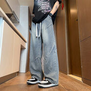 KLDPUS胖子大碼240斤彎刀牛仔褲男寬松美式休閑設計感顯高顯瘦長(cháng)褲加肥 藍色 輕薄 6XL