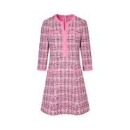 MOISELLE慕詩(shī)女士連衣裙海螺殼粉撞色格紋小V領(lǐng)修身粗花呢中裙 粉色 38/M 均碼