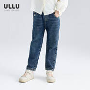ullu優(yōu)露童裝女童長(cháng)褲秋新款立體花朵刺繡復古磨白洗水小腳牛仔褲 藍色 110